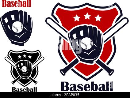 Retro baseball sport emblems or logos with ball stars bats,  glove and shield isolated on white. For recreation  sports or logo design. Stock Vector