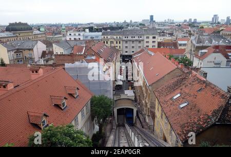 Historic lower town architecture rooftops and funicular connecting the Ilica Street with Strossmayer Promenade, Zagreb, Croatia Stock Photo