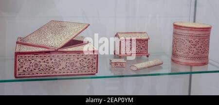 Ancient caskets made wood and birch trees. Russian culture. Stock Photo