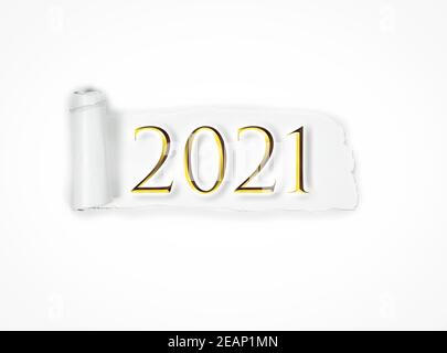 New Year sign, creative design torn paper witg gold letters 2021 New Year concept isolated on white background Stock Photo