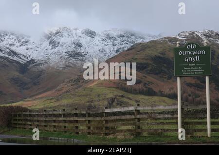 old dungeon ghyll hotel sign. Winter time. Great Langdale. The lake district national park. Cumbria. England. UK Stock Photo