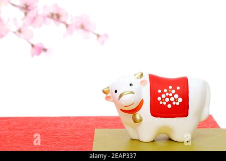 Dolls of Usi Cow. Japanese new year card. Japanese new year cow object Stock Photo