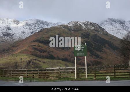 old dungeon ghyll hotel sign. Winter time. Great Langdale. The lake district national park. Cumbria. England. UK Stock Photo