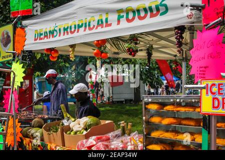 Jerk chicken at Jamaican food stall at Underground Festival in Crystal Palace,South London Stock Photo