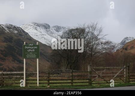 old dungeon ghyll hotel sign. Winter time. Great Langdale. The lake district national park. Cumbria. England. UK Stock Photo