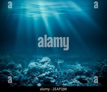 Underwater Sea Deep Water Abyss With Blue Sun Light Stock Photo