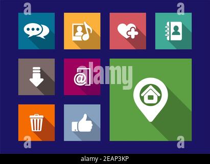 Art, media and web flat icons set with comics bubble musical note picture heart notepad arrow email trash can hand house map pointer Stock Vector