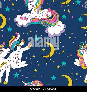 Cute dreaming and flying unicorns with rainbow and clouds. Vector seamless pattern. Colorful illustration for party, print, baby shower, wallpaper, de Stock Vector
