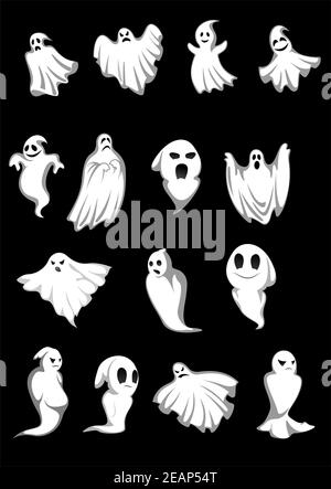 White Halloween ghosts and poltergeist on black background, for scary, fear or danger concept design Stock Vector