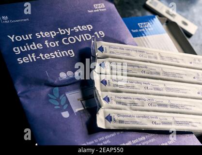 NHS Test and Trace Covid-19 Home Test Kit for Coronavirus using Swabs, London, England - 10 February 2021. Stock Photo
