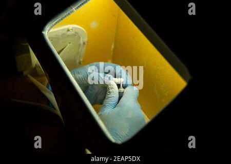 Dental Technician Working On A 3D Printed Mold For Tooth Implants In The Lab Stock Photo