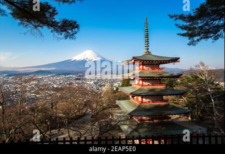 Landmark of japan, Chureito red Pagoda and Mt. Fuji in Fujiyoshid Japan. The Chureito Pagoda, a five-storied pagoda known as the Fujiyoshida Cenotaph Stock Photo