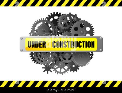 Under construction web page alert warning with gears and pinions, for web design Stock Vector