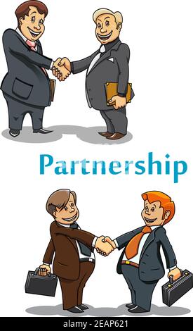 Businessmanl partnership and handshake symbol with cartoon adult and young businessman partners shaking hands Stock Vector