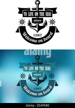 Retro marine heraldic label with anchor, ship steering wheel, text and banner for marine or nautical design Stock Vector