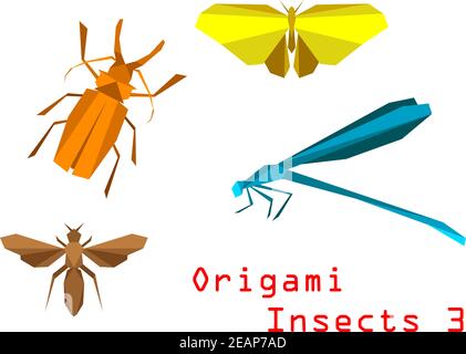 Origami paper insects with beetle, butterfly, bee, dragonfly isolated on white background Stock Vector