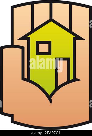 Home icon protected in a stylized hand conceptual of ownership, safety and security. For family, rent or  real estate logo design Stock Vector