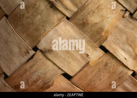 Background of an old shabby handmade straw basket Stock Photo