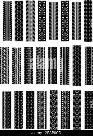 Black tyre tracks set isolated on white for racing, sports and transportation design Stock Vector
