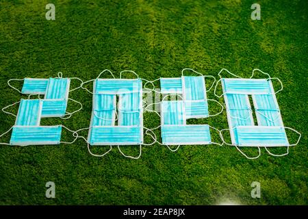 Happy New Year 2020 Composed Of Blue Medical Masks Stock Photo