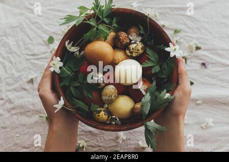 Happy Easter! Easter eggs and spring flowers in wooden bowl in hands on rustic linen background, top view. Stylish easter and quail eggs in natural dy Stock Photo