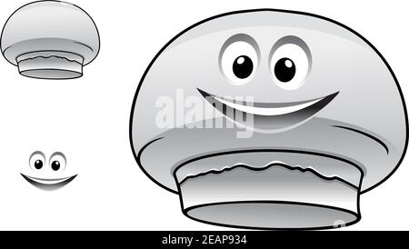 Cartoon happy cute champignon mushroom character with face, smiling mouth and eyes isolated on white background Stock Vector