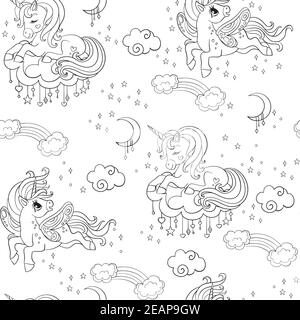 Cute dreaming and flying unicorns with rainbow and clouds. Vector seamless pattern in white colors. Illustration for party, print, baby shower, wallpa Stock Vector