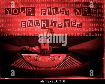 Your files are encrypted, Mechanical Typewriter, Binary code background, Red tone, Vintage distorted look, Ransom note typography Stock Photo