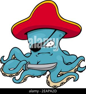 Blue cartoon octopus pirate character wearing red hat and eye patch holding sword Stock Vector