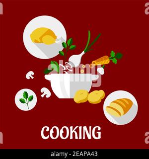Cooking flat design on a colorful red background with a roast chicken, bread on plates, fresh carrots, onion and mushrooms being sliced into a dish Stock Vector