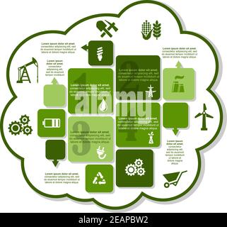 Industrial infographics design with oil pump energy saving lamp drop factory pipe electric plug oil rig battery gear, cart, wind engine and eco recycl Stock Vector