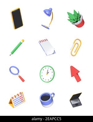 Office life - set of modern colorful icons. Task management and planning idea. Colorful 3d images of a smartphone, lamp, plant, pencil, notepad, clip, Stock Photo