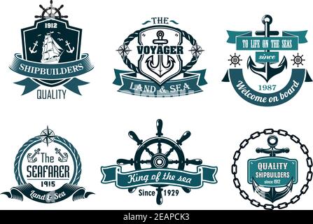 Blue nautical and sailing themed banners or icons with ship, anchor, rope, steering wheel and ribbons Stock Vector