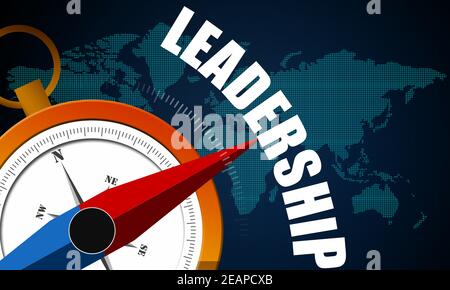 Magnetic compass with needle pointing leadership word Stock Photo