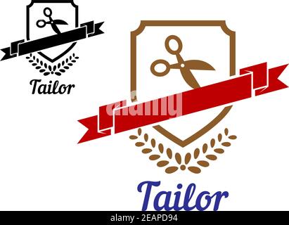 Tailor or sewing emblem with scissors, shield, banner and laurel wreath Stock Vector