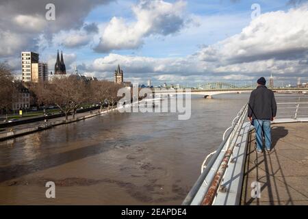 Cologne, Germany, February 4th. 2021, flood of the river Rhine, view from the terrace of the Chocolate Museum to the cathedral.  Koeln, Deutschland, 4 Stock Photo