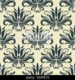 Seamless floral indigo or green pattern in paisley persian style on lemon yellow colored background. For wallpaper and fabric design Stock Vector
