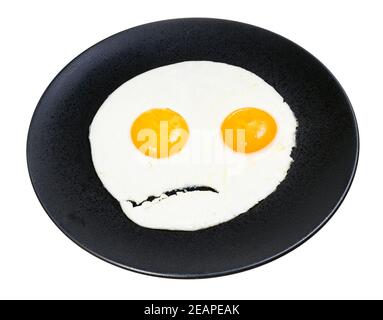 fried eggs on black plate isolated on white Stock Photo
