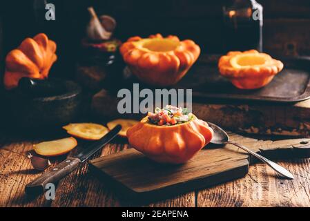 Preparing of stuffed pattypan squash Stock Photo