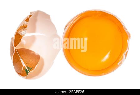 separated egg yolk in shell and crushed eggshell Stock Photo