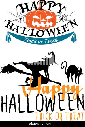 Happy Halloween Trick or Treat themes with text decorated with a jack-o-lantern pumpkin and spiders and the other with a silhouette of a flying witch Stock Vector