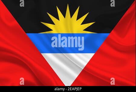 Flag of the country of Antigua and Barbuda on a background of wavy silk fabric Stock Photo
