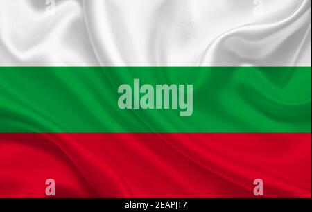 Bulgaria country flag on wavy silk fabric background panorama Stock Photo