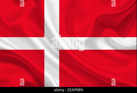 Denmark country flag on wavy silk fabric background panorama
