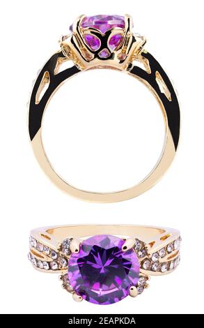 Focus Stacking front and top Golden Ring with a Purble Gem Jewelry in a white background