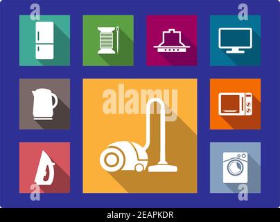 Household equipment flat icons set with refrigerator  water heater TV kettle iron vacuum cleaner, microwave and washing machine Stock Vector