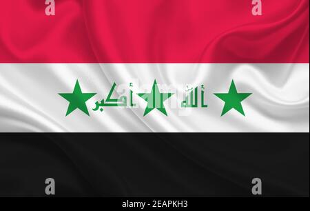 Flag of Iraq country on wavy silk fabric background panorama Stock Photo