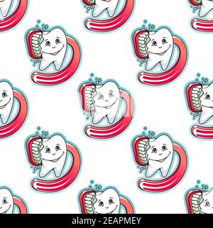 Cartoon tooth and brush seamless pattern for medicine, healthcare, teeth cleaning and dentistry Stock Vector
