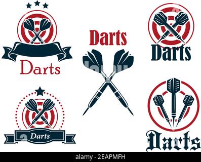 Darts sporting icons, emblems or symbols set with arrows, dartboard, ribbon and stars Stock Vector