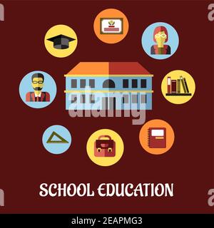 School education vector flat design with a school building surrounded by round icons depicting male and female teachers, books, briefcase, graduation Stock Vector